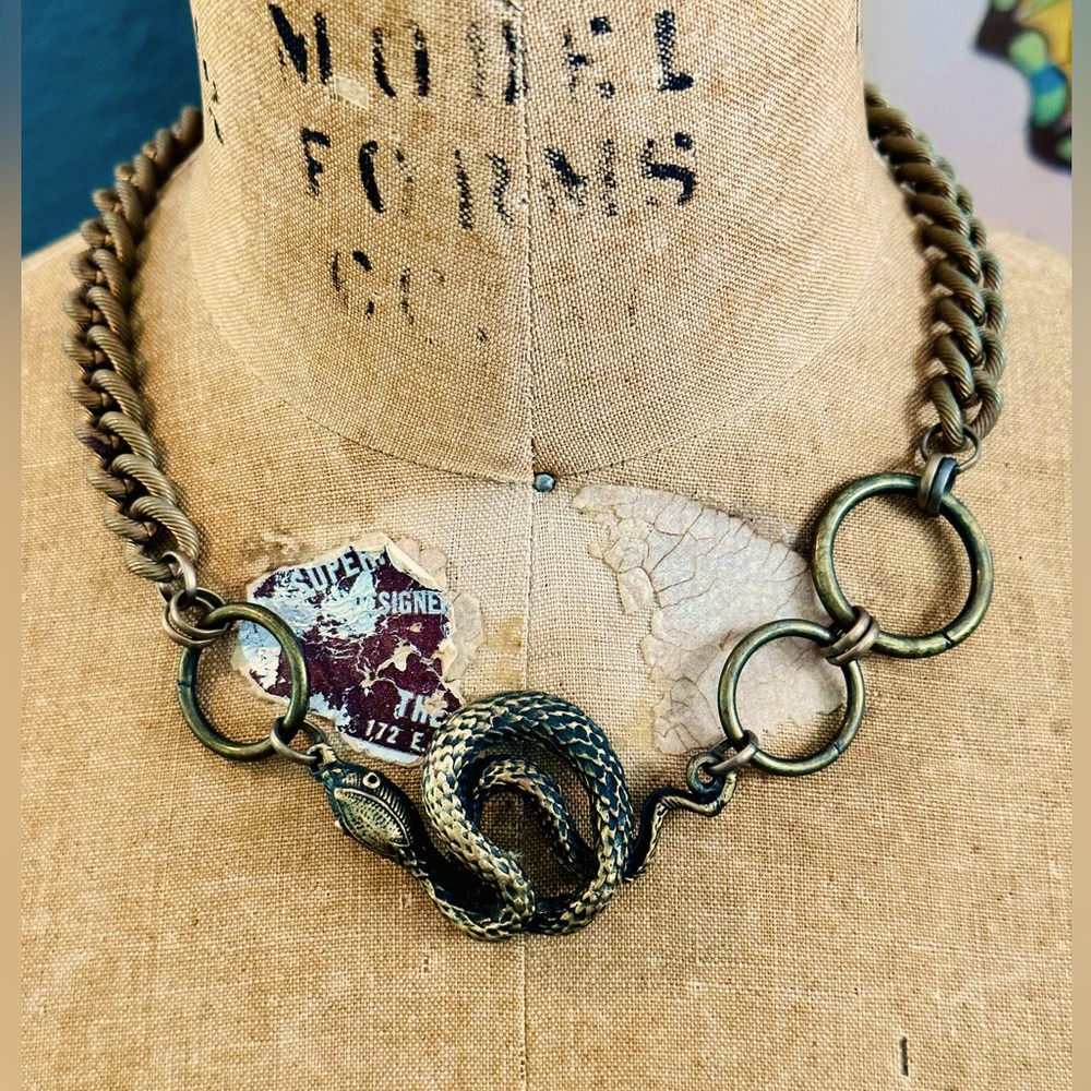 🐍 Angel Court  Snake Choker Necklace Antique Brass 17”